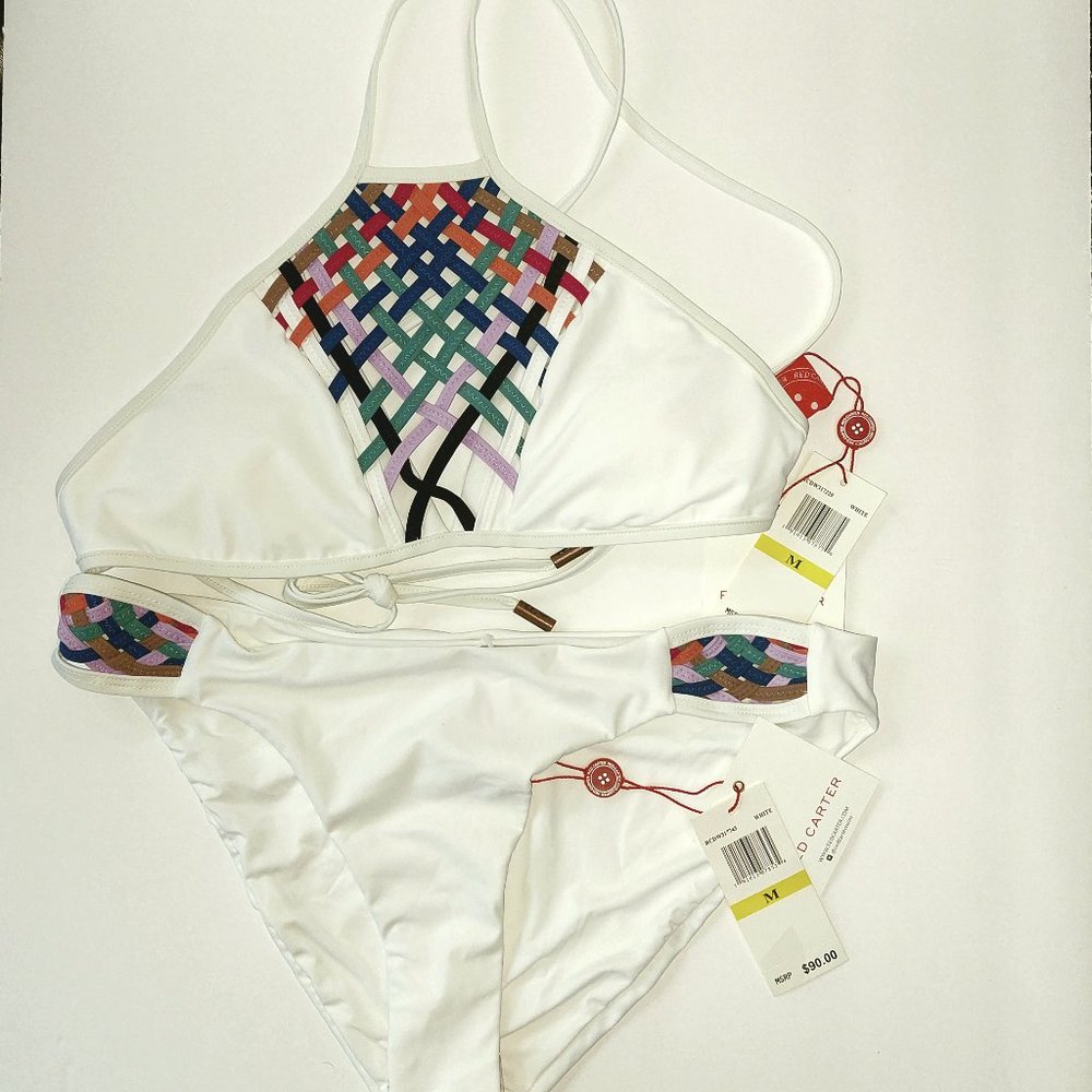 NWT Red Carter White Woven Bib Front Bikini Top & Woven Side Tab Bikini Bottom